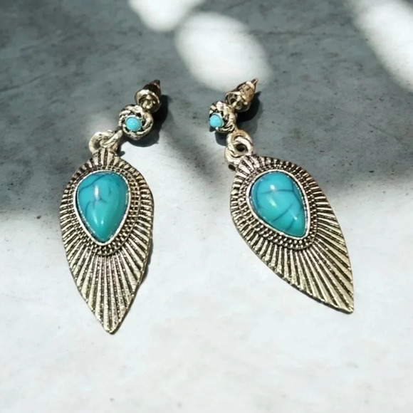 Bohemian Turquoise Stone Silver Plated Dangle Earrings - Picture 2 of 2